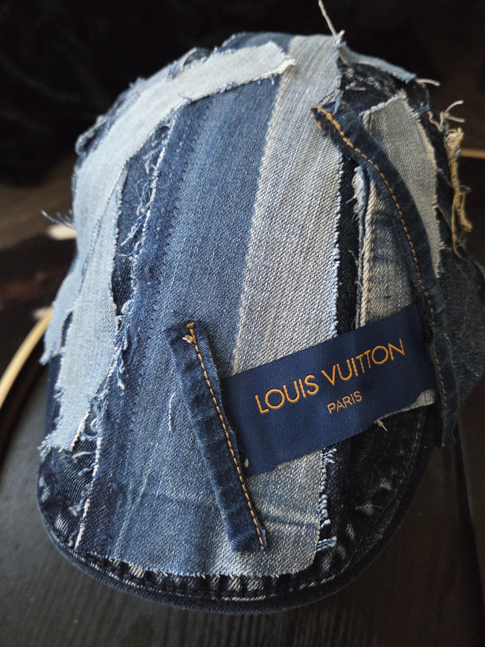 Upcycled LV Inspired Blue Patchwork Denim Newsboy Cap - Picture 3 of 8